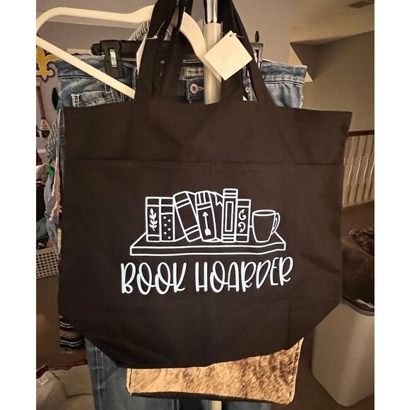 LARGE BABY BLUE GRAPHIC PRINT BOOK HOARDER CANVAS TOTE BAG - Picture 1 of 2